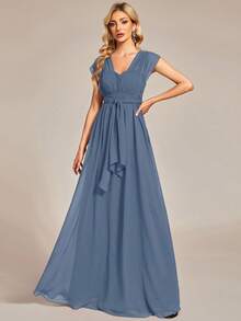 EVERPRETTY Ruched Bust Solid Chiffon Bridesmaid Dress - Dusty Blue - View 4