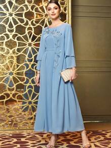 Al Najma Floral Rhinestone Flounce Sleeve Dress Kaftan Jalabiya Dress - Dusty Blue - View 7