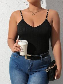 Áo hai dây Plus Size Ngọc trai cườm đính Tranh thêu màu trơn Giải trí - màu đen - Xem 3