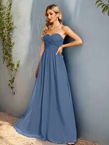 EVERPRETTY Ruched Bust Solid Chiffon Bridesmaid Dress - Dusty Blue - View 6