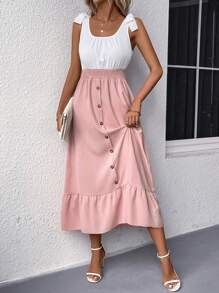 Two Tone Fake Button Ruffle Hem Dress - Multicolor - View 1