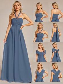 EVERPRETTY Ruched Bust Solid Chiffon Bridesmaid Dress - Dusty Blue - View 7