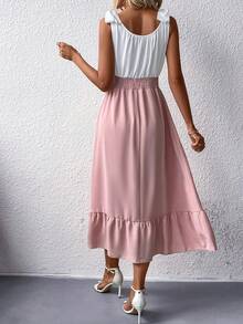 Two Tone Fake Button Ruffle Hem Dress - Multicolor - View 2