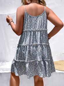 Hơn In hoa Ditsy Xù Hoa Sen Váy Dây - Màu xanh lam - Xem 2