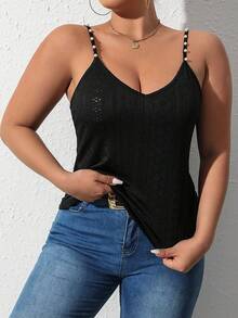 Áo hai dây Plus Size Ngọc trai cườm đính Tranh thêu màu trơn Giải trí - màu đen - Xem 4