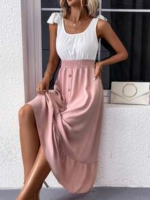 Two Tone Fake Button Ruffle Hem Dress - Multicolor - View 4