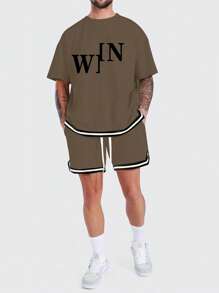 Manfinity Homme Men Letter Graphic Tee & Striped Trim Drawstring Waist Shorts - Coffee Brown - View 1