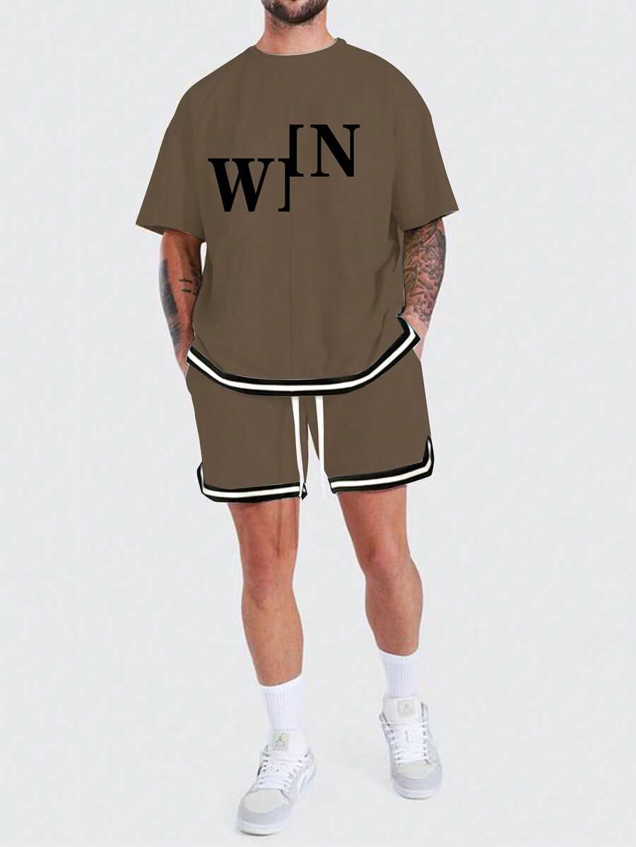 Manfinity Homme Men Letter Graphic Tee & Striped Trim Drawstring Waist Shorts - Coffee Brown - View 1
