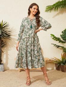 Vestido smock con estampado de paisley de cuello con cordón y fleco bajo con fruncido - Verde - Ver 4