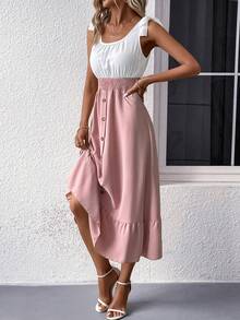 Two Tone Fake Button Ruffle Hem Dress - Multicolor - View 6