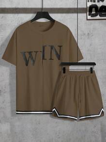 Manfinity Homme Men Letter Graphic Tee & Striped Trim Drawstring Waist Shorts - Coffee Brown - View 3