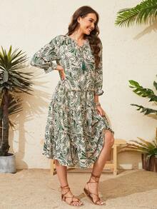 Vestido smock con estampado de paisley de cuello con cordón y fleco bajo con fruncido - Verde - Ver 5