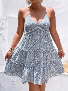 Hơn In hoa Ditsy Xù Hoa Sen Váy Dây - Màu xanh lam - Xem 7