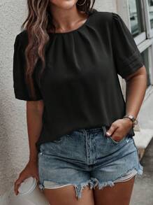 SHEIN LUNE 大碼素色泡泡袖襯衫 - 黑色 - 查看 3