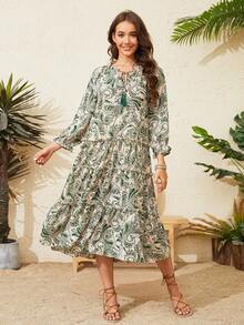 Vestido smock con estampado de paisley de cuello con cordón y fleco bajo con fruncido - Verde - Ver 7