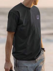 Men Mountain & Letter Graphic Drop Shoulder Tee - Dark Grey - View 3