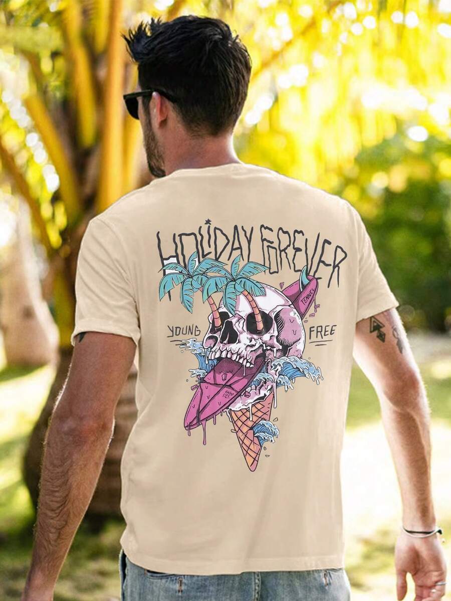 男士骷髏頭和字母圖案T恤 - 杏色 - 查看 1
