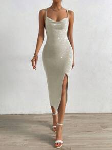 SHEIN BAE 垂領高衩交叉露背吊帶洋裝 - 銀色 - 查看 5