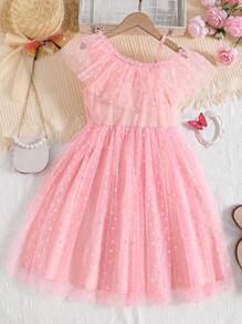 SHEIN 女孩心網紗覆蓋不對稱領荷葉邊連衣裙 - 粉色 - 查看 2