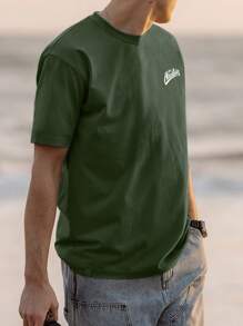 男士夏季标语与山峰印花圆领短袖休闲T恤 - 軍綠色 - 查看 4