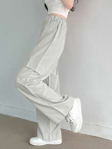 素色側翻蓋口袋工裝褲 - 淺灰色 - 查看 3