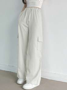 素色側翻蓋口袋工裝褲 - 淺灰色 - 查看 4
