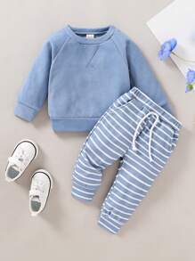 2pcs/Set Baby Girl Soft And Comfortable Plain Patch Sportswear And Striped Printed Sports Pants For Fall - Blue - View 4