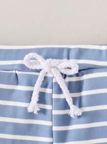 2pcs/Set Baby Girl Soft And Comfortable Plain Patch Sportswear And Striped Printed Sports Pants For Fall - Blue - View 5