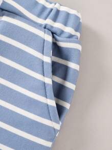 2pcs/Set Baby Girl Soft And Comfortable Plain Patch Sportswear And Striped Printed Sports Pants For Fall - Blue - View 6