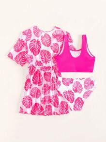 SHEIN Tween Girl Tropical Print Bikini Set With Kimono Summer Beach - Hot Pink - View 2