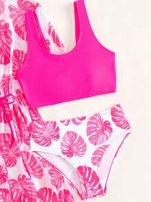 SHEIN Tween Girl Tropical Print Bikini Set With Kimono Summer Beach - Hot Pink - View 3