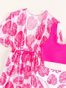 SHEIN Tween Girl Tropical Print Bikini Set With Kimono Summer Beach - Hot Pink - View 4