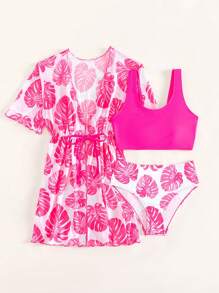 SHEIN Tween Girl Tropical Print Bikini Set With Kimono Summer Beach - Hot Pink - View 5