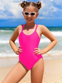SHEIN Tween Girl Solid One Piece Swimsuit Summer Holiday - Hot Pink - View 3