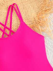 SHEIN Tween Girl Solid One Piece Swimsuit Summer Holiday - Hot Pink - View 6