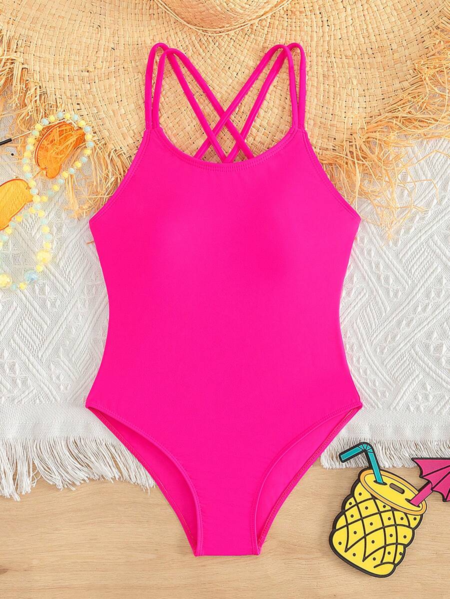SHEIN Tween Girl Solid One Piece Swimsuit Summer Holiday - Hot Pink - View 1