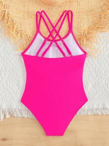 SHEIN Tween Girl Solid One Piece Swimsuit Summer Holiday - Hot Pink - View 2