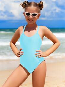 Tween Girl Solid One Piece Swimsuit - Baby Blue - View 3