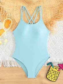 Tween Girl Solid One Piece Swimsuit - Baby Blue - View 1