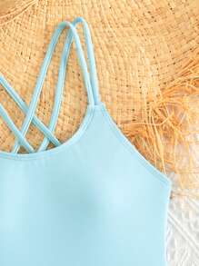 Tween Girl Solid One Piece Swimsuit - Baby Blue - View 6
