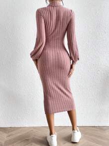 SHEIN Frenchy 小高領燈籠袖條紋針織緊身洋裝 - 藕粉色 - 查看 2