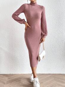 SHEIN Frenchy 小高領燈籠袖條紋針織緊身洋裝 - 藕粉色 - 查看 3