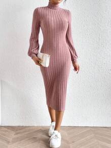 SHEIN Frenchy 小高領燈籠袖條紋針織緊身洋裝 - 藕粉色 - 查看 4