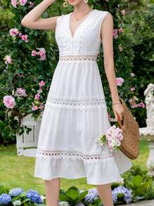 SHEIN Frenchy Contrast Lace Ruffle Hem Dress - White - View 1