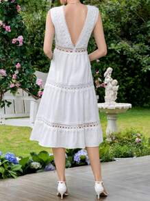 SHEIN Frenchy Contrast Lace Ruffle Hem Dress - White - View 2