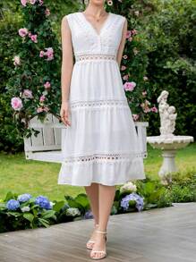 SHEIN Frenchy Contrast Lace Ruffle Hem Dress - White - View 3