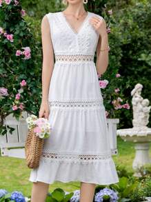 SHEIN Frenchy Contrast Lace Ruffle Hem Dress - White - View 4