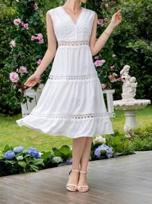 SHEIN Frenchy Contrast Lace Ruffle Hem Dress - White - View 5