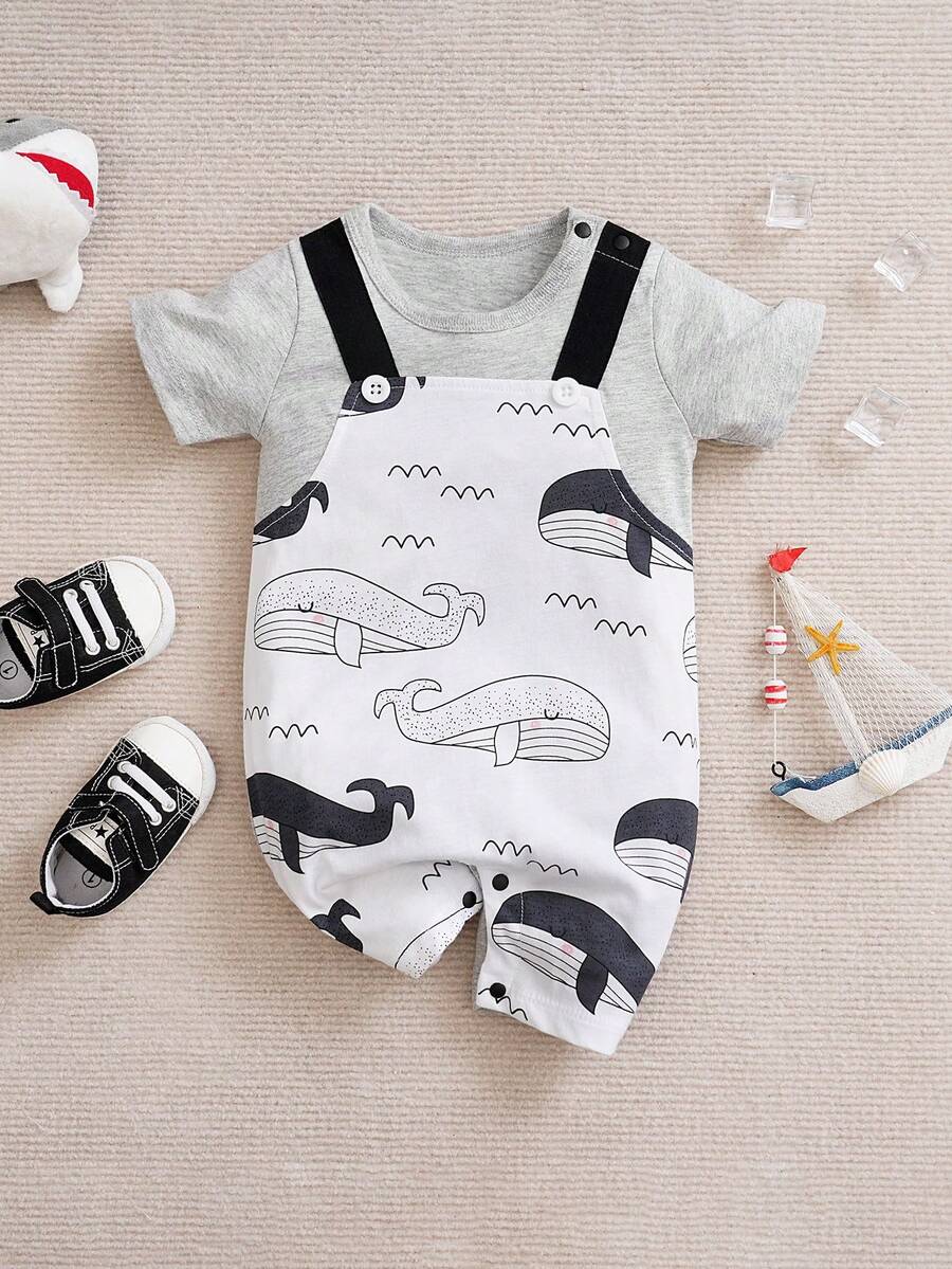 Yierying 男嬰卡通圖案假兩入組T恤連身短褲