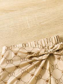 SHEIN Young Girl Allover Print Bow Front Wrap Hem Skirt - Khaki - View 3